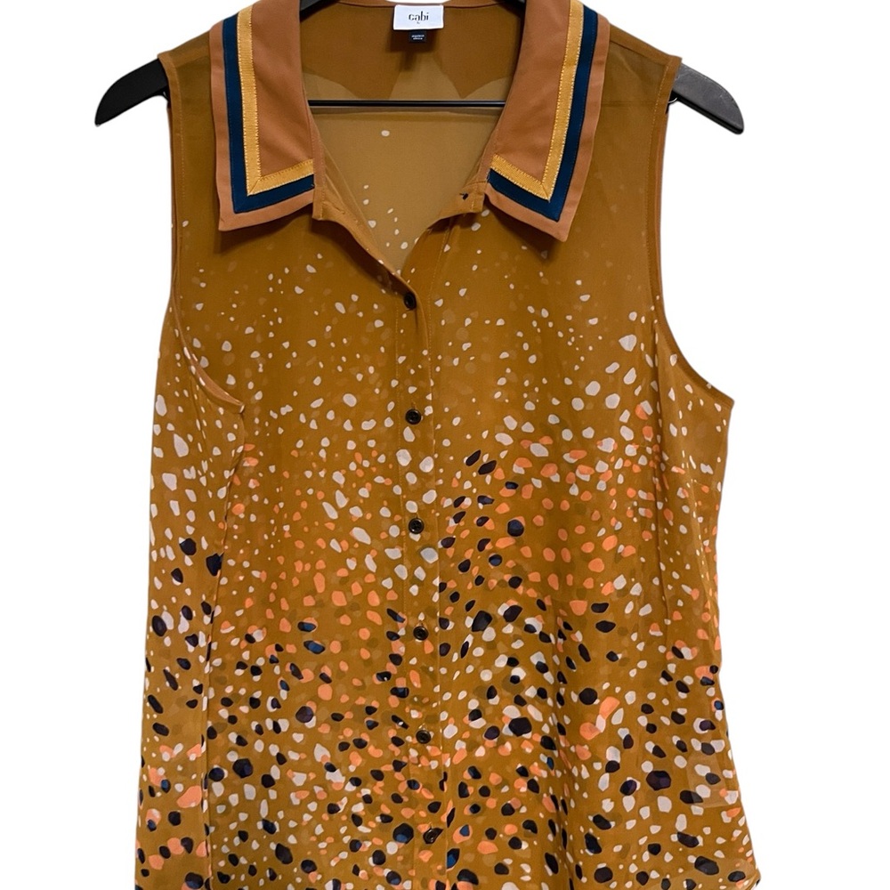 CAbi Mustard Sleeveless Button Front Blouse with Navy Trim - Picture 7 of 11